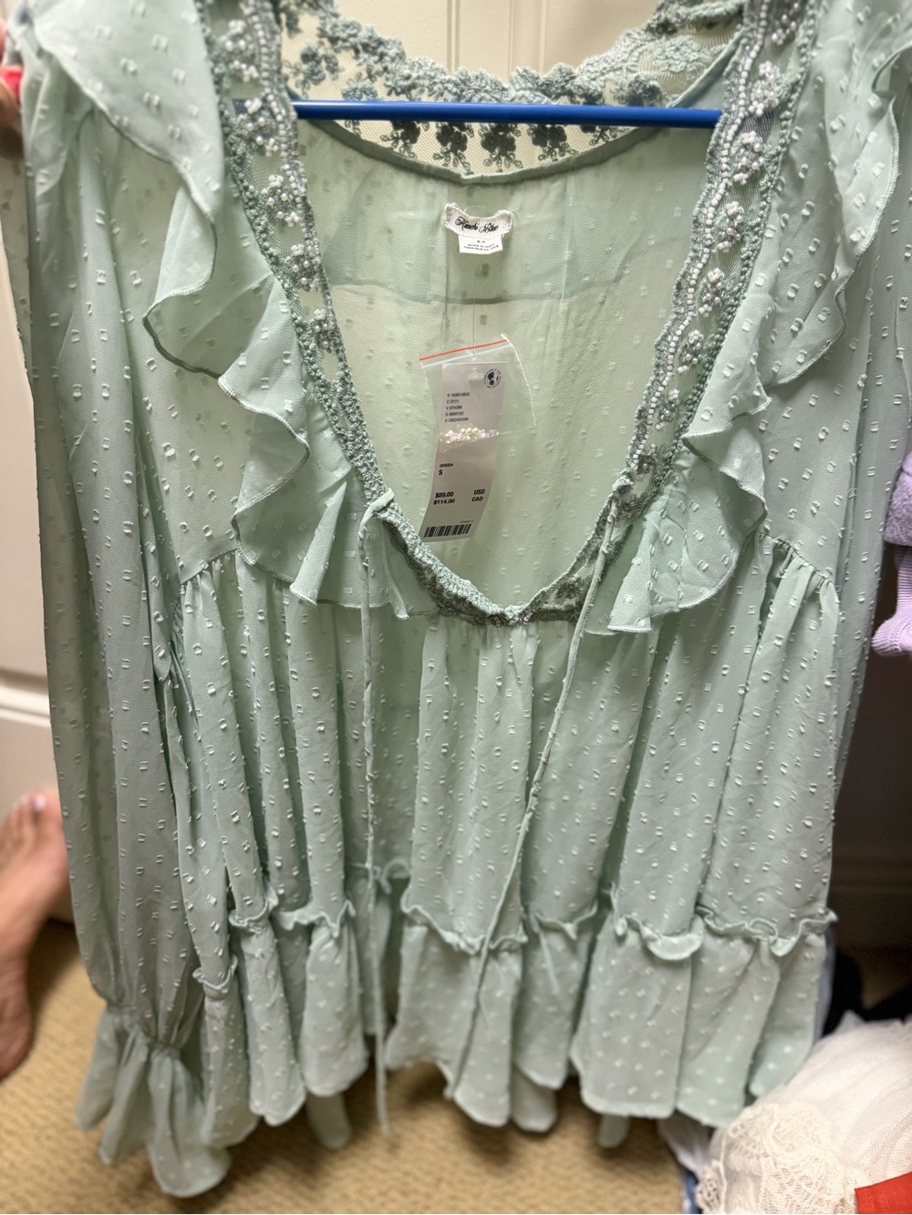 Kimchi Blue Mint Green Ruffled Peasant Blouse